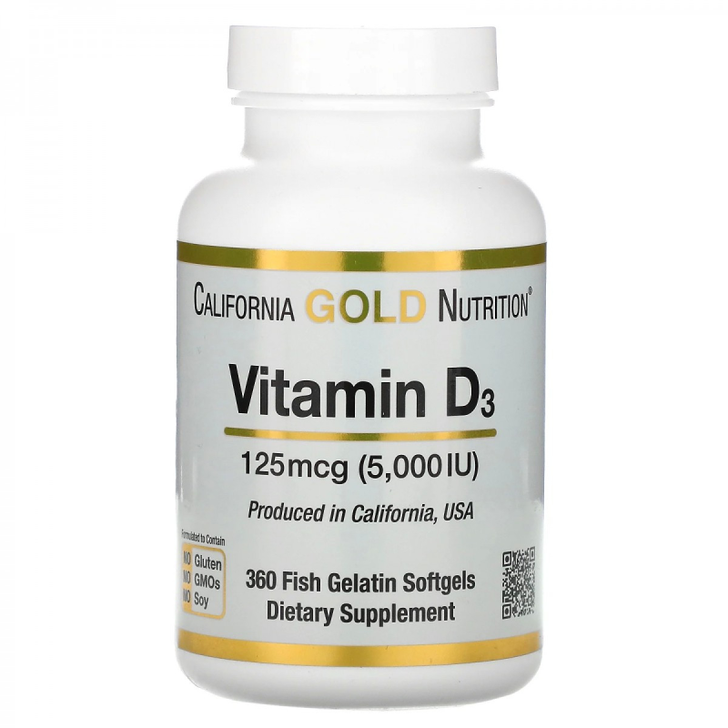 California Gold Nutrition, вітамін D3, 125 мкг (5000 МО), 360 капсул з риб“ячого желатину
